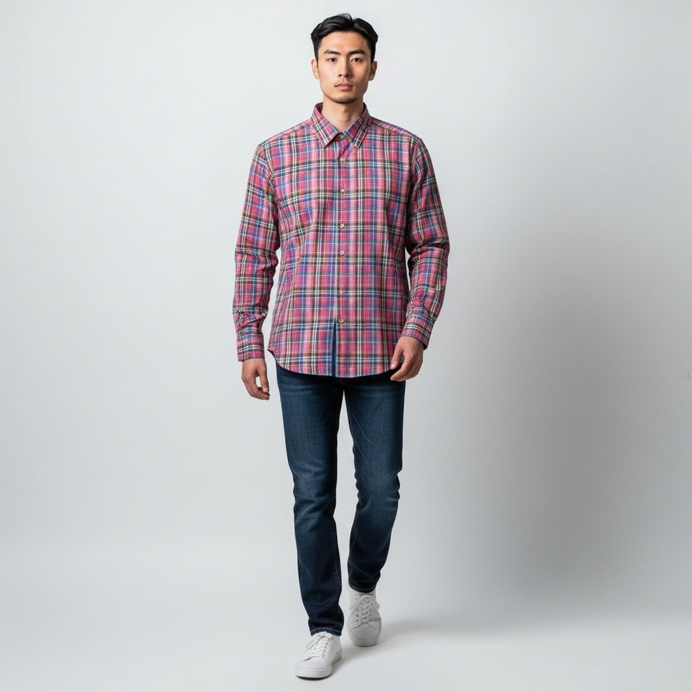 Hugo Boss Slim Fit Shirt M Pink Blue Plaid Long Sleeve Modern Essentials